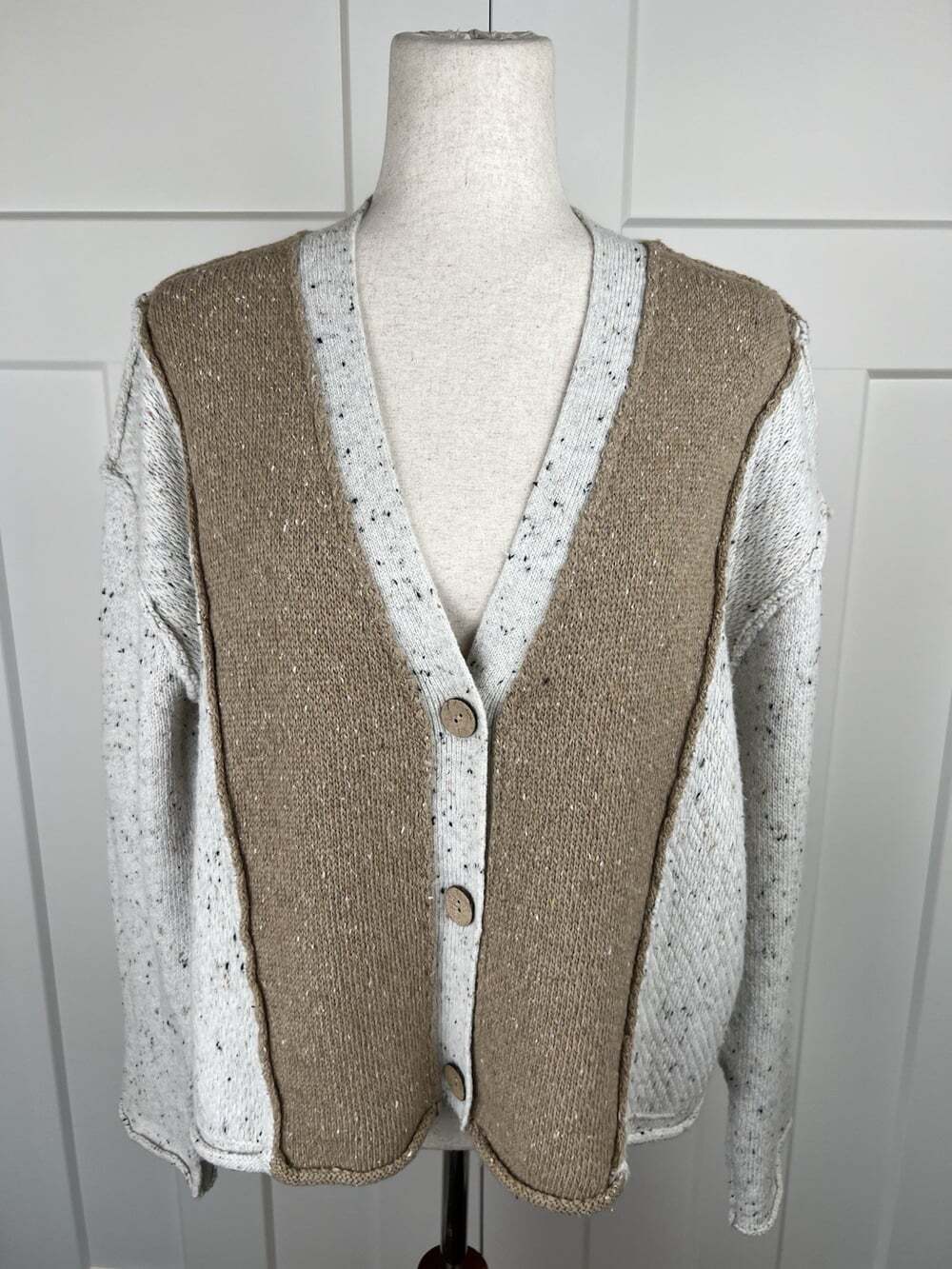 Hem & Thread Cardigan Medium Oversized Tweed Colorblock Oatmeal Taupe Sweater